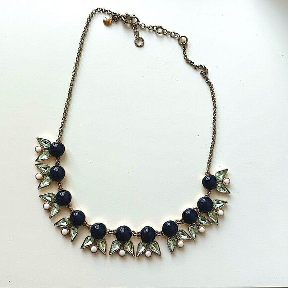 J. Crew Gold-Tone Link Chain Blue Crystal Stone Statement Navy - Picture 1 of 4